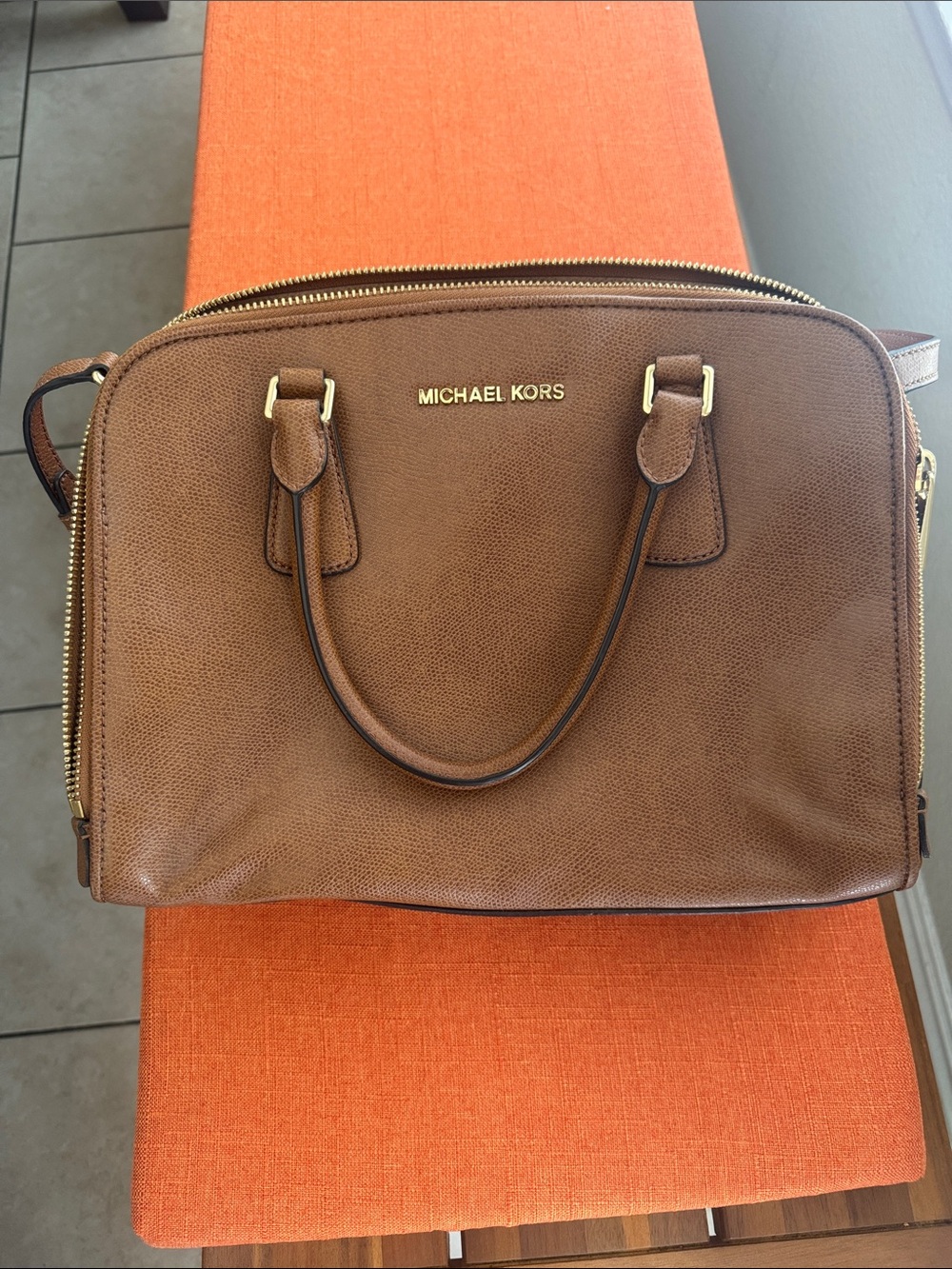 Michael Kors Tan Brown Leather Dome Satchel with Gold Hardware